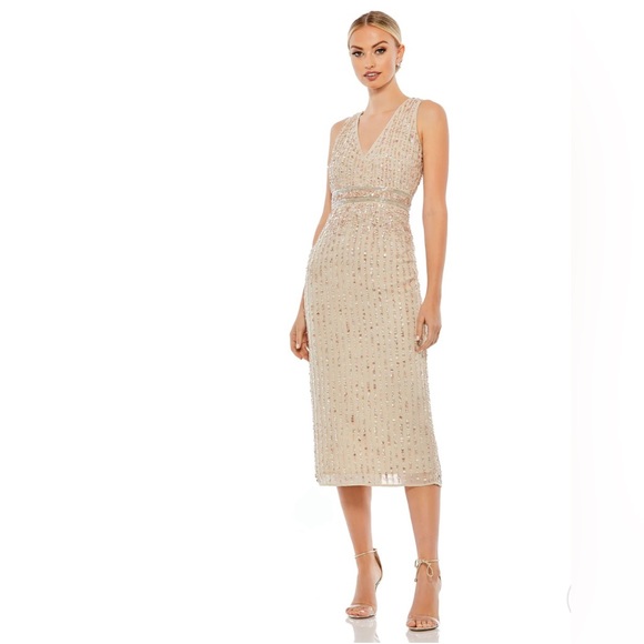 Mac Duggal SEQUINED SLEEVELESS V-NECK MIDI SHEATH DRESS Sz 8 $298 - Picture 1 of 6
